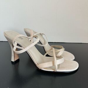 VTG Y2K Strappy BP Satin White Leather Kitten Heel Mule Square Toe Sandal Size 7